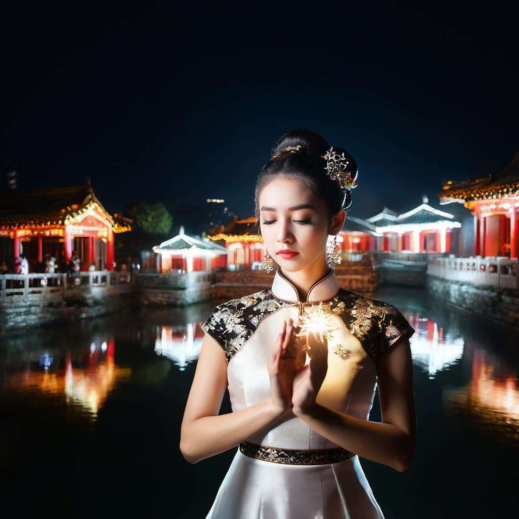 gugong,building, photography, 1girl, night, star-shaped pupils,cheongsam,dress,water,solo,jewelry,white dress,earrings,hair ornament,splashing,upper body,hair bun,black hair, lighting,candid,Photograph,high resolution,4k,8k,Bokeh