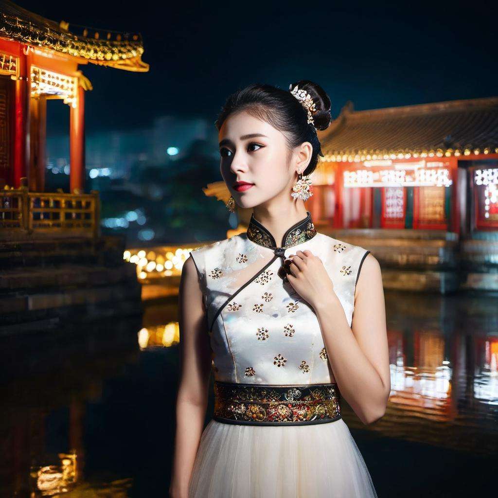 gugong,building, photography, 1girl, night, star-shaped pupils,cheongsam,dress,water,solo,jewelry,white dress,earrings,hair ornament,splashing,upper body,hair bun,black hair, lighting,candid,Photograph,high resolution,4k,8k,Bokeh