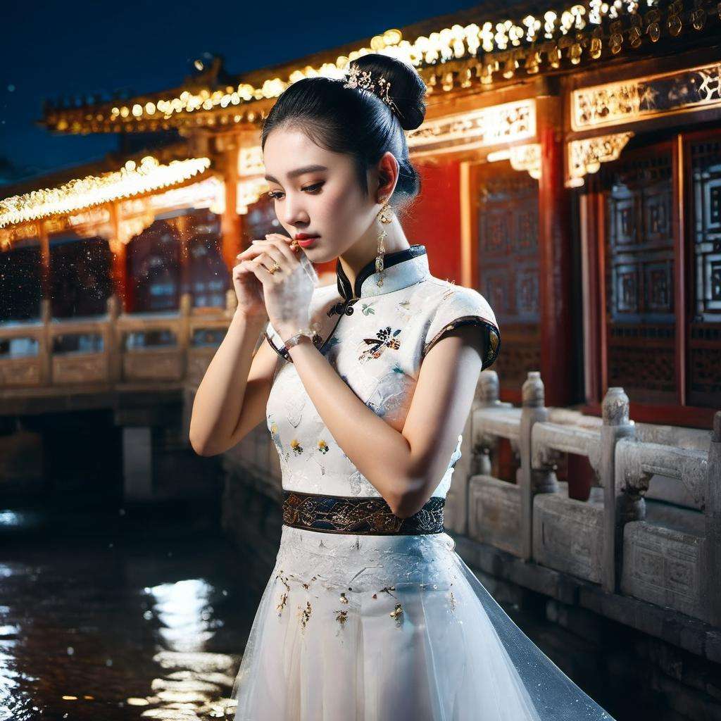 gugong,building, photography, 1girl, star-shaped pupils,cheongsam,dress,water,solo,jewelry,white dress,earrings,hair ornament,splashing,upper body,hair bun,black hair, lighting,candid,Photograph,high resolution,4k,8k,Bokeh