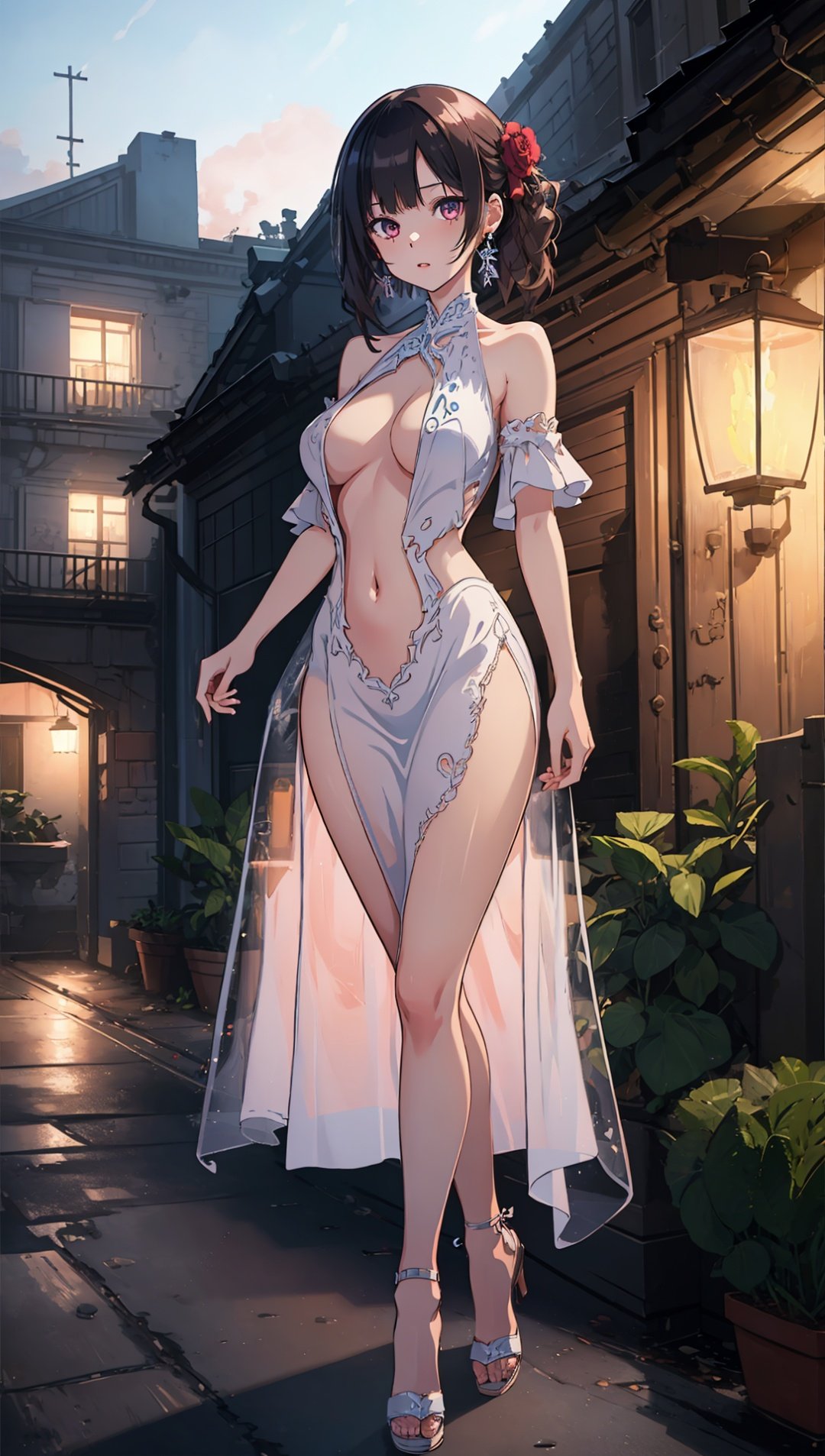 ((((ultra illustrated style:1.0)))),best quality,best animated,masterpiece,ray tracing, global illumination,deep v dress,1girl, solo,full body, looking at viewer, standing, outdoors,navel,<lora:deep v dress:1>