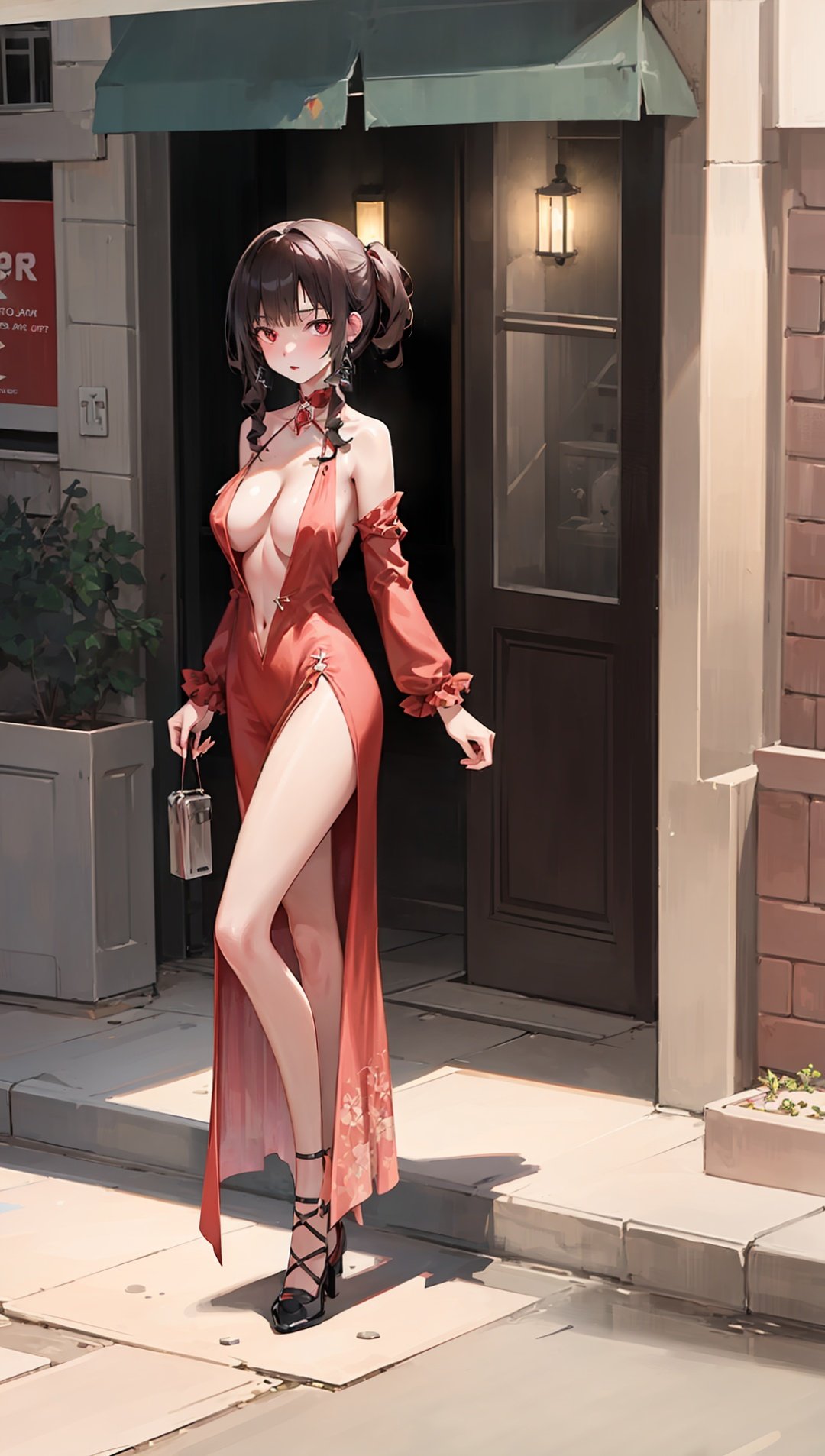 ((((ultra illustrated style:1.0)))),best quality,best animated,masterpiece,ray tracing, global illumination,deep v dress,1girl, solo,full body, looking at viewer, standing, outdoors,plunging neckline,<lora:deep v dress:1>