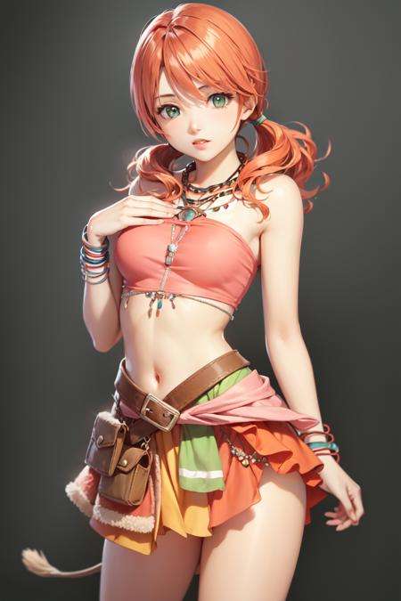 masterpiece, best quality, vanille, necklace, bracelets, pink crop top, orange skirt, belt, clothes around waist, cowboy shot, simple background <lora:vanille-nvwls-v1-final:0.9>