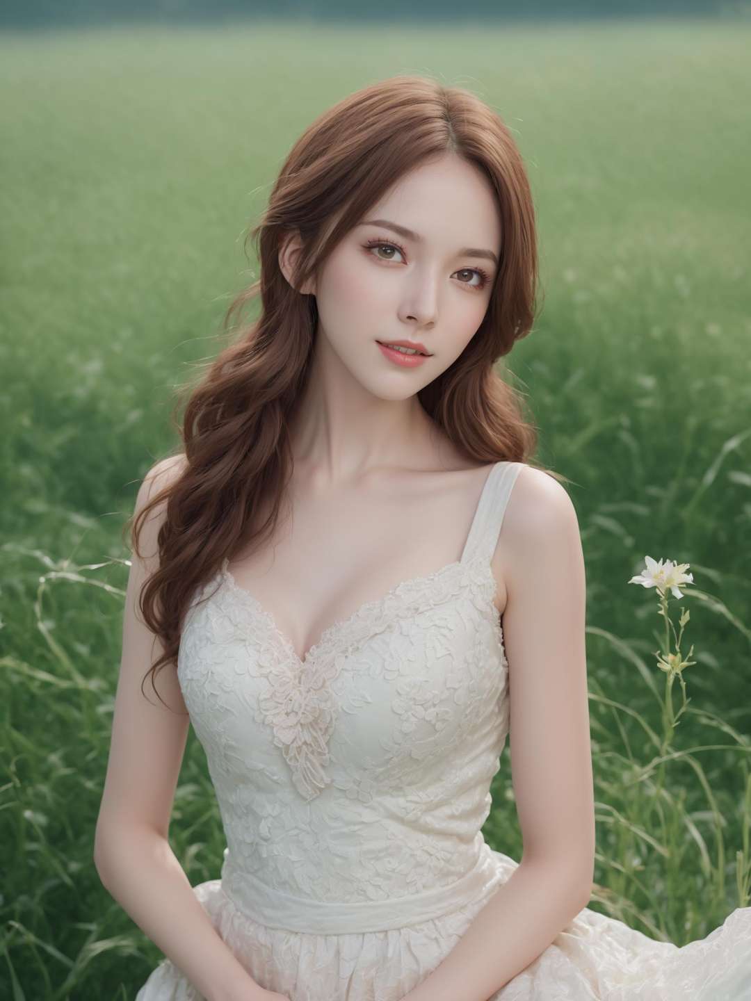 1girl, (dream portrait of magical 20yo girl), long dress outfit,standing on the grass field,dreamy and ethereal,expressive pose,smile expression,intricate, elegant, highly detailed, sharp focus,(enchanting),( fantasy art),(slender body:1.6),,supermodel facing the viewer,, fantasy Fashion,(perfectly sculpted facial features),(downturned eyes shape),(half-moon eyeliner),(pale fair skin:1.6 ),(large breasts),(extremely detailed Stacked Curls hair ),(extremely detailed natural skin texture:1.8),(precise and lifelike),(hyper realistic lifelike texture:1.8),( stunning realistic photograph:1.8),(Film grain),(slim legs),leica i,hasselblad,(cover illustration:1.3),(perfect hand),(large breasts),(fujifilm reala 100:1.5) <lora:AIGirlXL_V1:0.75>