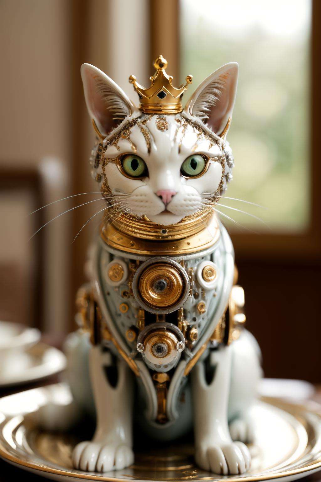 mechanical cat sitting at a fine dining table, wearing a tiny crown, crystal and porcelain plateware wealthy luxurious opulent mansion f/1.4 200mm zoom depth of field ultra sharp photograph, (bright morning sunlight shining:1.2) (masterpiece:1.2) (photorealistic:1.2) (bokeh) (best quality) (detailed skin) (intricate) (8k) (HDR) (cinematic lighting) (sharp focus) <lora:Mechanicalcat:0.7>