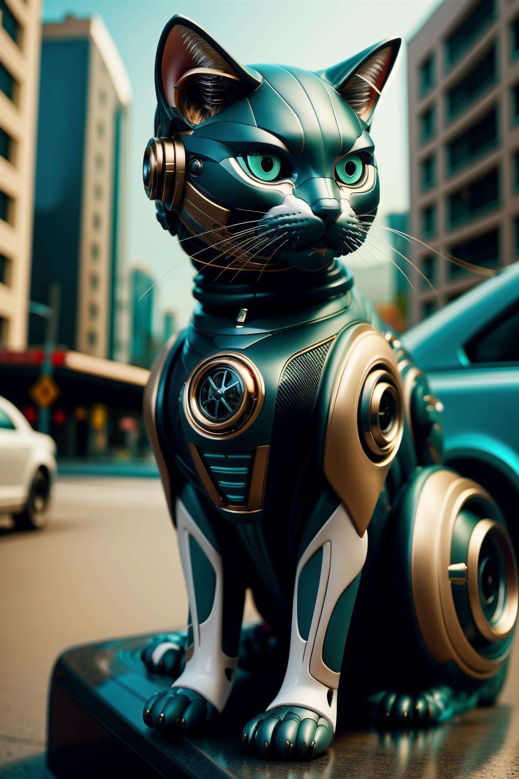 sleek black stealth mechanical cat,car,  cyberpunk city in background, <lora:Mechanicalcat:0.7>