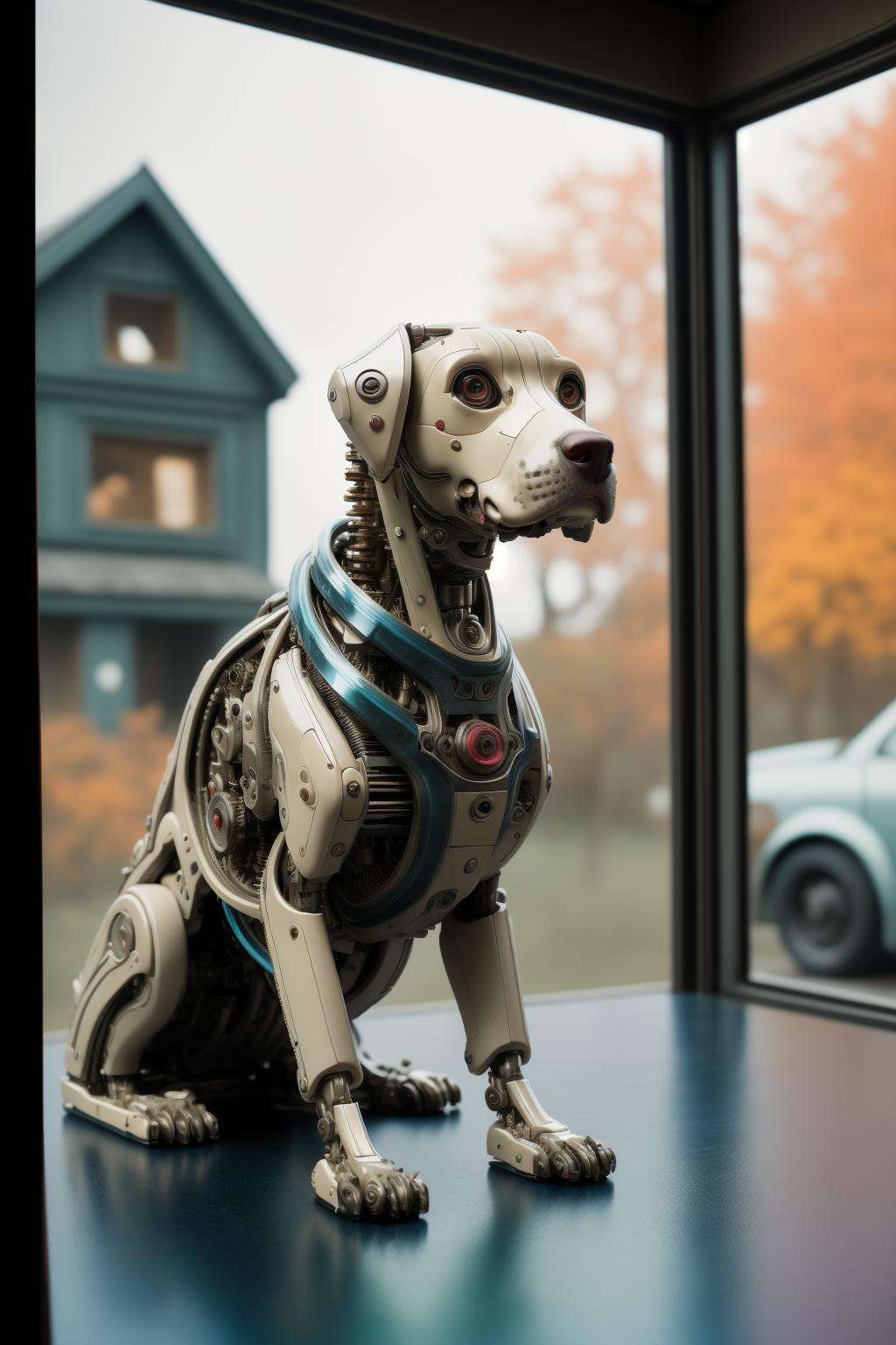 mechanical dog,cyberpunk, photograph, Impeccable [Mammoth| Yellowtail], Cottage in background, Fall, Shameful, Native Art, Reflected light, film grain, Nikon d850, 50mm, Albumen, <lora:Mechanicaldog:0.6>