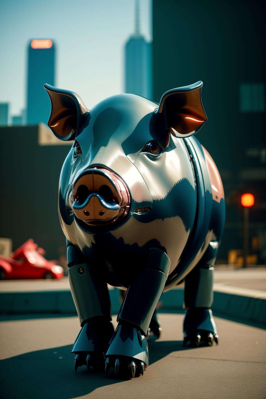 sleek black stealth mechanical pig,cyberpunk city in background,<lora:Mechanicalpig:0.6>