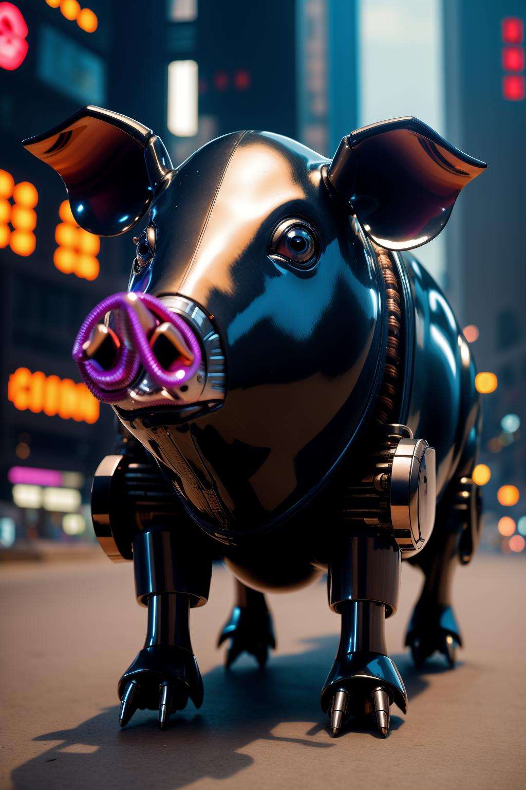 sleek black stealth mechanical pig,cyberpunk city in background,<lora:Mechanicalpig:0.6>