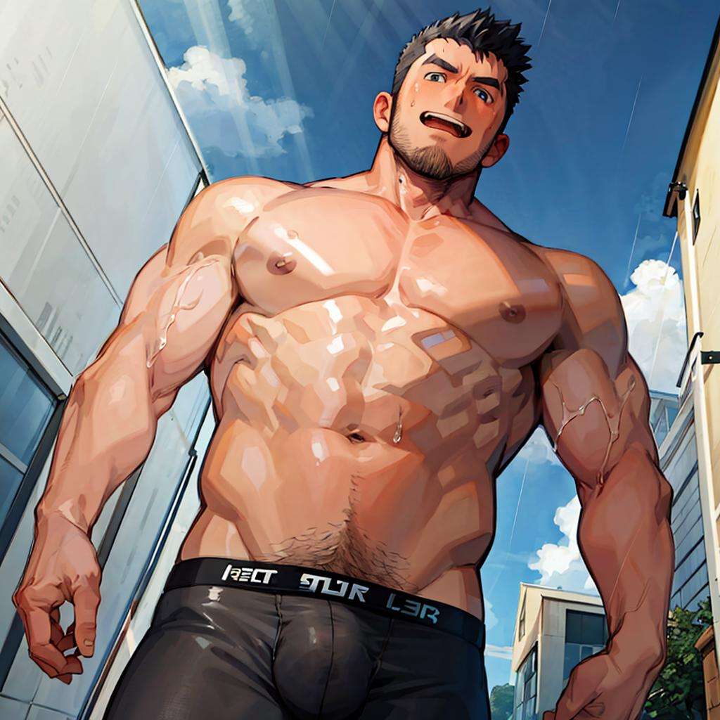 ((masterpiece)),((best quality)),8k,high detailed,ultra-detailed,anime,CG,1boy,muscular,mature male,short hair,black hair, bara, feet out of frame, stubble, boxer briefs,topless,outdoors, blue eyes,rain,<lora:togame-000004:0.8>