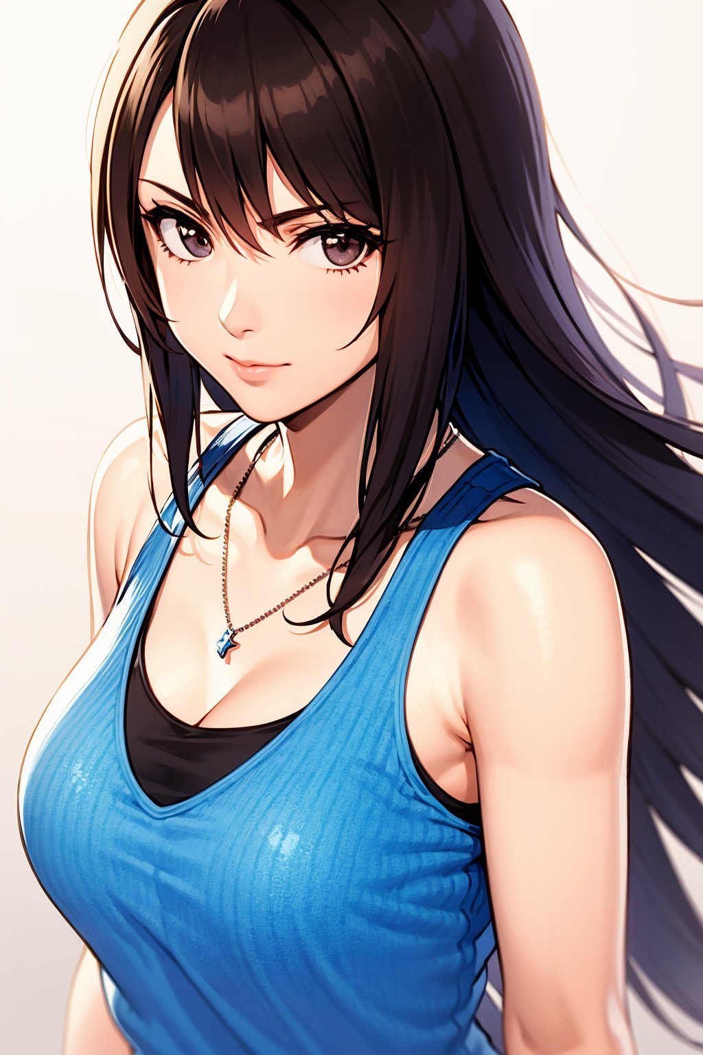 woman, long hair, brown hair, blue sleeveless dress, black tank top, arm ribbon, collarbone, necklace, looking at viewer, close up, <lora:EMS-17361-EMS:0.8>