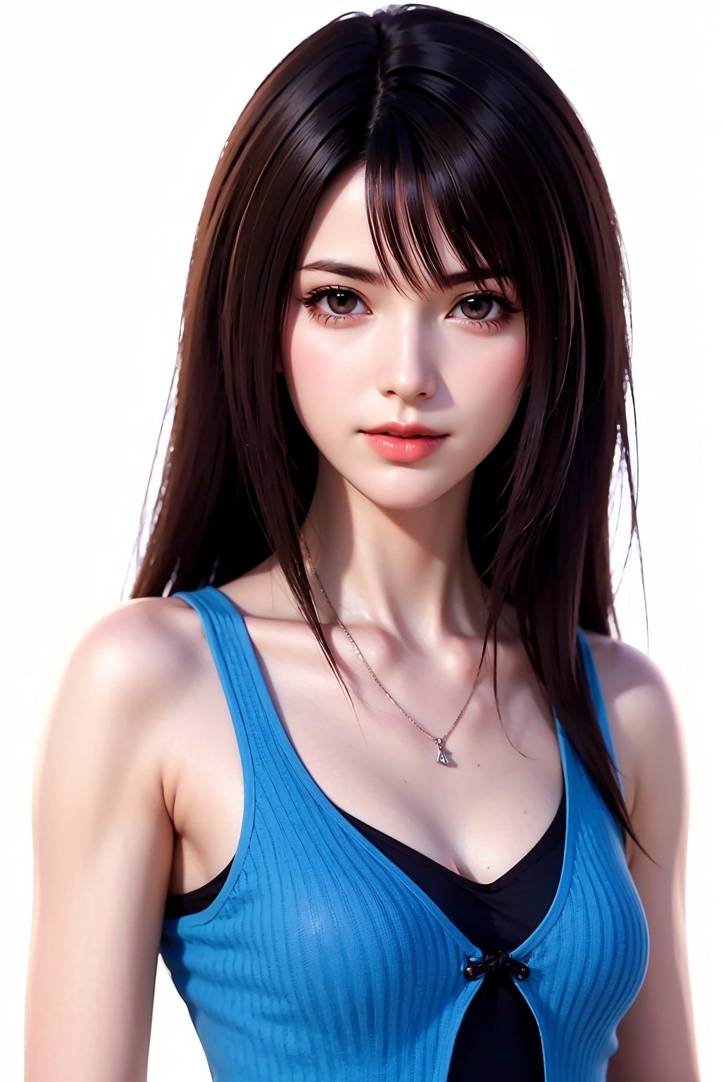 woman, rinoa, long hair, brown hair, brown eyes, frilled dress, collarbone, looking at viewer, medium shot, white background, <lora:EMS-17361-EMS:0.8>