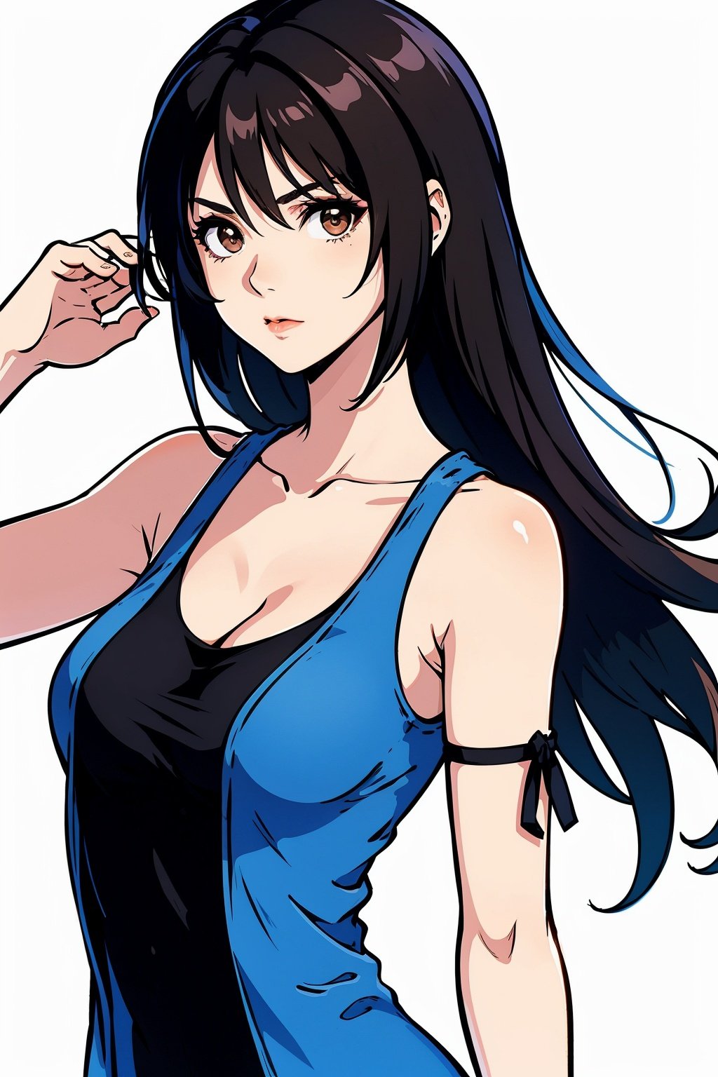 woman, rinoa, long hair, brown hair, brown eyes, blue sleeveless dress, black tank top, (arm ribbon), collarbone, looking at viewer, medium shot, white background, <lora:EMS-17361-EMS:0.8>