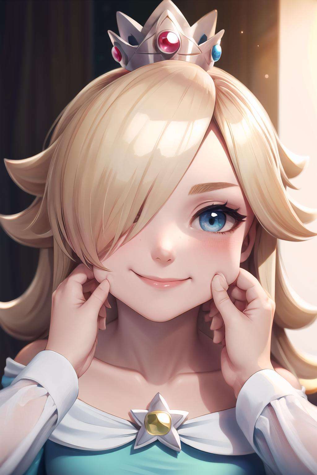 Highly detailed, High Quality, Masterpiece, beautiful, 1girl, PinchingPOV, pov, cheek pull, <lora:PinchingPOV:1>, upper body, blush, happy, ^_^, closed mouth, Rosalina, Rosalina_OG, one eye covered, hair over one eye, <lora:Char_MarioSeries_Rosalina:0.8>