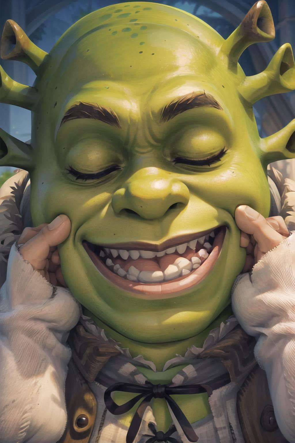 Highly detailed, High Quality, Masterpiece, beautiful, 1boy, PinchingPOV, pov, cheek pull, <lora:PinchingPOV-07:1>, shrex, green skin, ogre, shrek, <lora:Char_Sigmas_Shrek:0.9>, ^-^, happy, closed eyes, 