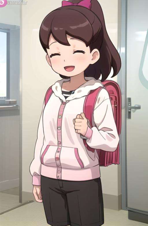 <lora:kodamafumika:0.7> kodamafumika, 1girl, solo, smile, open mouth, closed eyes, heart, indoors, hood, bag, english text, ^_^, backpack, randoseru, subtitled