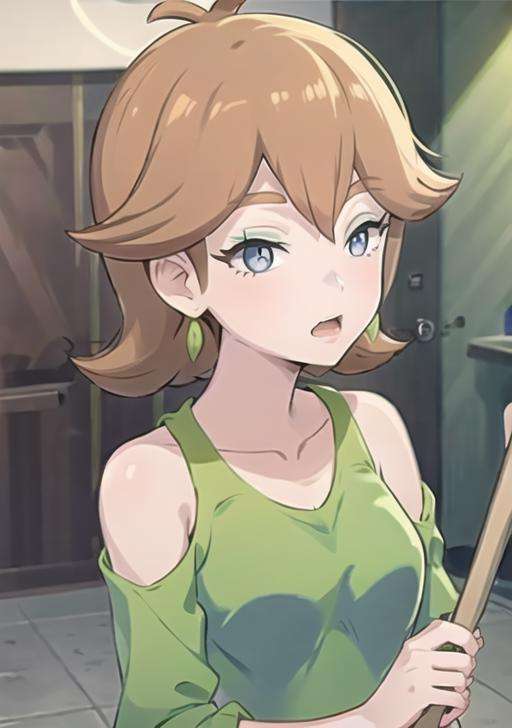 <lora:Honey:0.7> honey_(pokemon), 1girl, solo, breasts, looking at viewer, short hair, open mouth, bangs, shirt, holding, bare shoulders, collarbone, upper body, medium hair, broom, green shirt, flipped hair