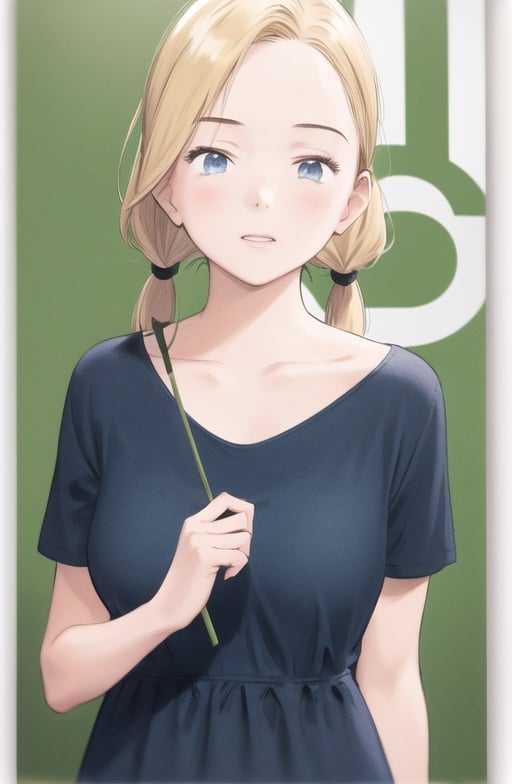 <lyco:naoki-08:1> 1girl blue eyes, blonde hair, twintails, cute, green eyes, simple background, upper body, green dress, 