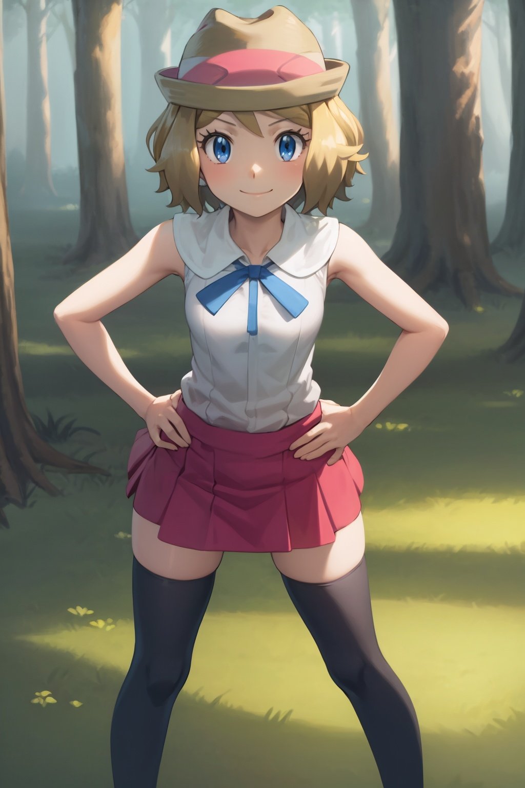 masterpiece, best quality, 1girl,serena \(pokemon\), short hair, blonde hair, blue eyes, eyelashes, hat, blue neck ribbon, shirt, skirt, sleeveless, thighhighs, brown footwear, hands on hips, smile, looking at viewer, solo, forest background <lora:Serena:1>