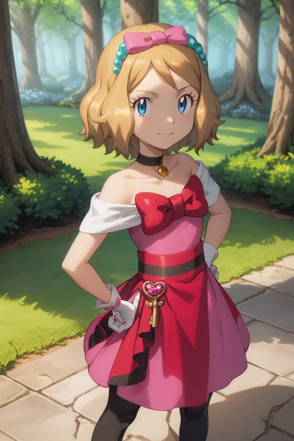 masterpiece, best quality, 1girl,serena \(pokemon\), short hair, blonde hair, blue eyes, eyelashes, black choker, hair bow, dress, collarbone, white gloves, brown pantyhose, red shoes, hands on hips, smile, looking at viewer, solo, forest background <lora:Serena:1>