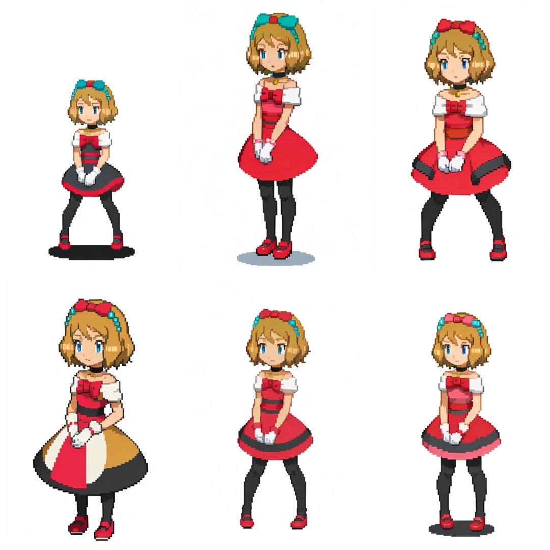 (white background:1.4),simple background,<lora:pixel_f2:0.5>,pixel,pixel art, 1girl,serena \(pokemon\), short hair, blonde hair, blue eyes, eyelashes, black choker, hair bow, dress, collarbone, white gloves, brown pantyhose, red shoes, solo, standing <lora:Serena:1>