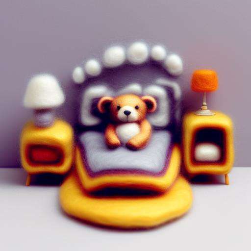 miniwool style of a A teddy bear in his bed, in his bedroom, isometric view