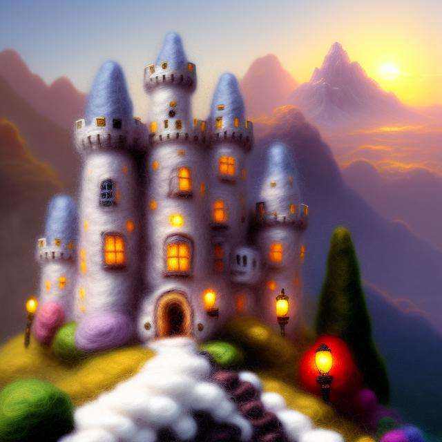 miniwool style of a a castle on a mountain, by thomas kinkade, trending on artstation