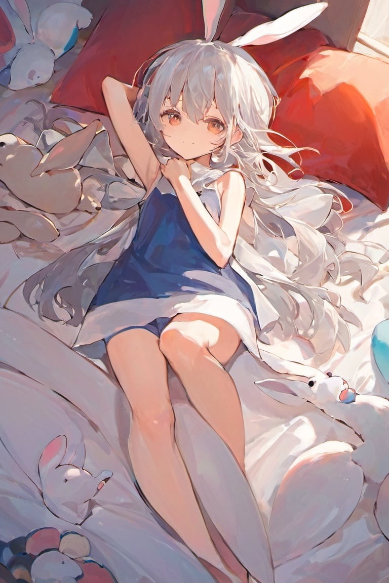 //,
masterpiece,(best quality),(illustration),(colorful),anime,
//,
1girl,bare legs,rabbit yukine,bare arms,silver hair,stuffed cat,sleeveless,on bed,rabbit ears,