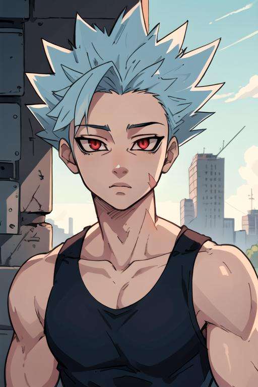 masterpiece, best quality, ultra-detailed, illustration, 1boy, solo, male focus, looking at viewer, upper body, depth of field, <lora:ban_nanatsu_no_taizai:0.74>, ban_nanatsu_no_taizai, spiked hair, red eyes, blue hair, , tank top