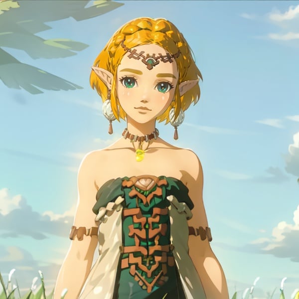 <lora:Zelda_TotK-09:.85>1girl,short hair,blonde hair,jewelry,earrings,pointy ears,bare shoulders,green eyes,strapless,bracelet,dress,strapless dress,circlet,collarbone, blue sky,clouds,field,lockin looking at viewer, medium close up