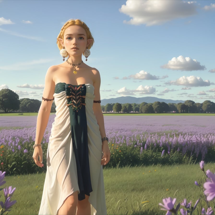 <lora:Zelda_TotK-09:.7>1girl,short hair,blonde hair,jewelry,earrings,pointy ears,bare shoulders,green eyes,strapless,bracelet,dress,strapless dress,circlet,collarbone, blue sky,clouds,flowerfield, fit, toned, big eyes, flushed, pale skin, looking at viewer, ((loose dress))