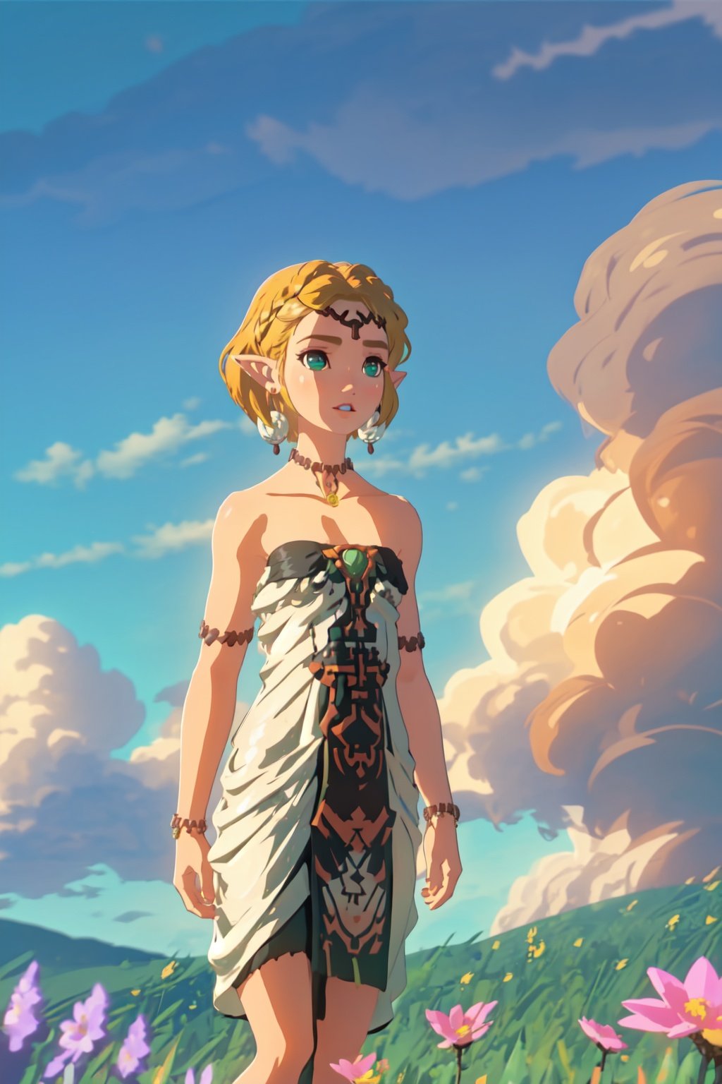 1girl,short hair,blonde hair,jewelry,earrings,pointy ears,bare shoulders,green eyes,strapless,bracelet,dress,strapless dress,circlet,collarbone,blue sky, flower field, clouds,flushed, loose dress