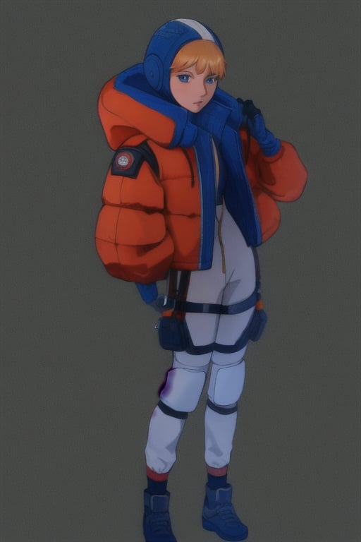 bangs, blonde hair, blue eyes , hooded bodysuit, bodysuit, white bodysuit, hood, jacket, orange jacket, gloves, knee pads, hooded jacket, blue gloves, ribbed bodysuit, blue bodysuit, thigh strap, cable, blue headwear , scar, scar on face, scar on cheek, burn scar  , wattson (apex legends)