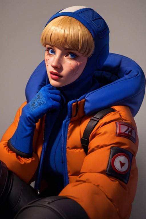 hooded bodysuit, bodysuit, white bodysuit, hood, jacket, orange jacket, gloves, knee pads, hooded jacket, blue gloves, ribbed bodysuit, blue bodysuit, thigh strap, cable, blue headwear, bangs, blonde hair, blue eyes, scar, scar on face, scar on cheek, burn scar, wattson (apex legends),wattson (apex legends)