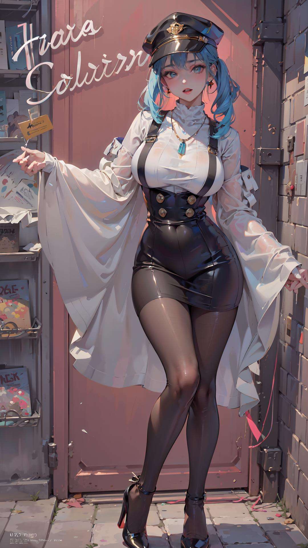 ((((best quality))), (((ultra detailed))), (((masterpiece))), illustration, ray tracing,1girl, solo, looking at viewer, glossy skin, contrapposto, necklace, female focus,model, big breasts, (hat:0.7), uniform, pantyhose, high heels, cool, see-through, floating hair, sexy, fine fabric emphasis,wall paper, crowds, fashion, Lipstick, depth of field, street, in public,(Magazine cover-style illustration of a fashionable woman in a vibrant outfit), posing in front of a colorful and dynamic background. She has a confident expression and is holding a statement accessory, The text on the cover should be bold and attention-grabbing, with the title of the magazine and a catchy headline. The overall style should be modern and trendy, with a focus on fashion and lifestyle), <lora:tutu_20230530092930:0.6>