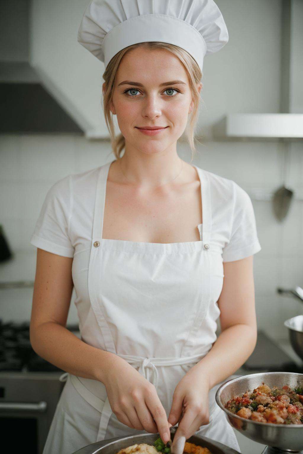 photo portrait of a cute german woman \Stefanie Hinze\ as a chef cook, (grainy:0.7)