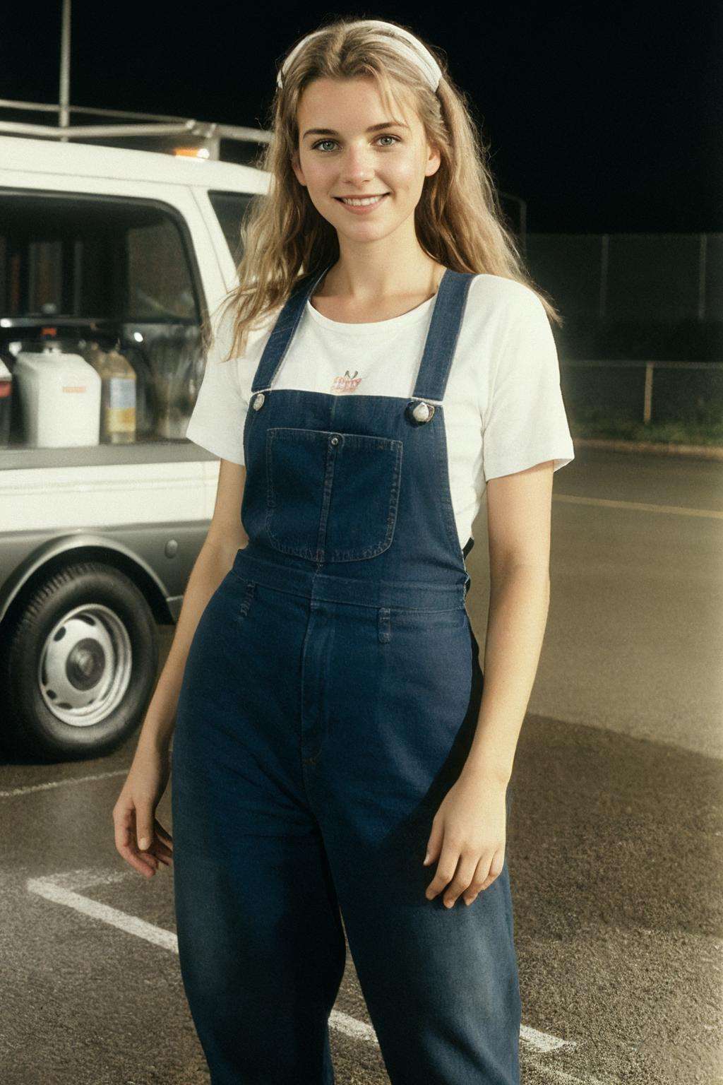 photo full-body portrait of a cute german woman \Stefanie Hinze\ as a car washer, (grainy:0.7)