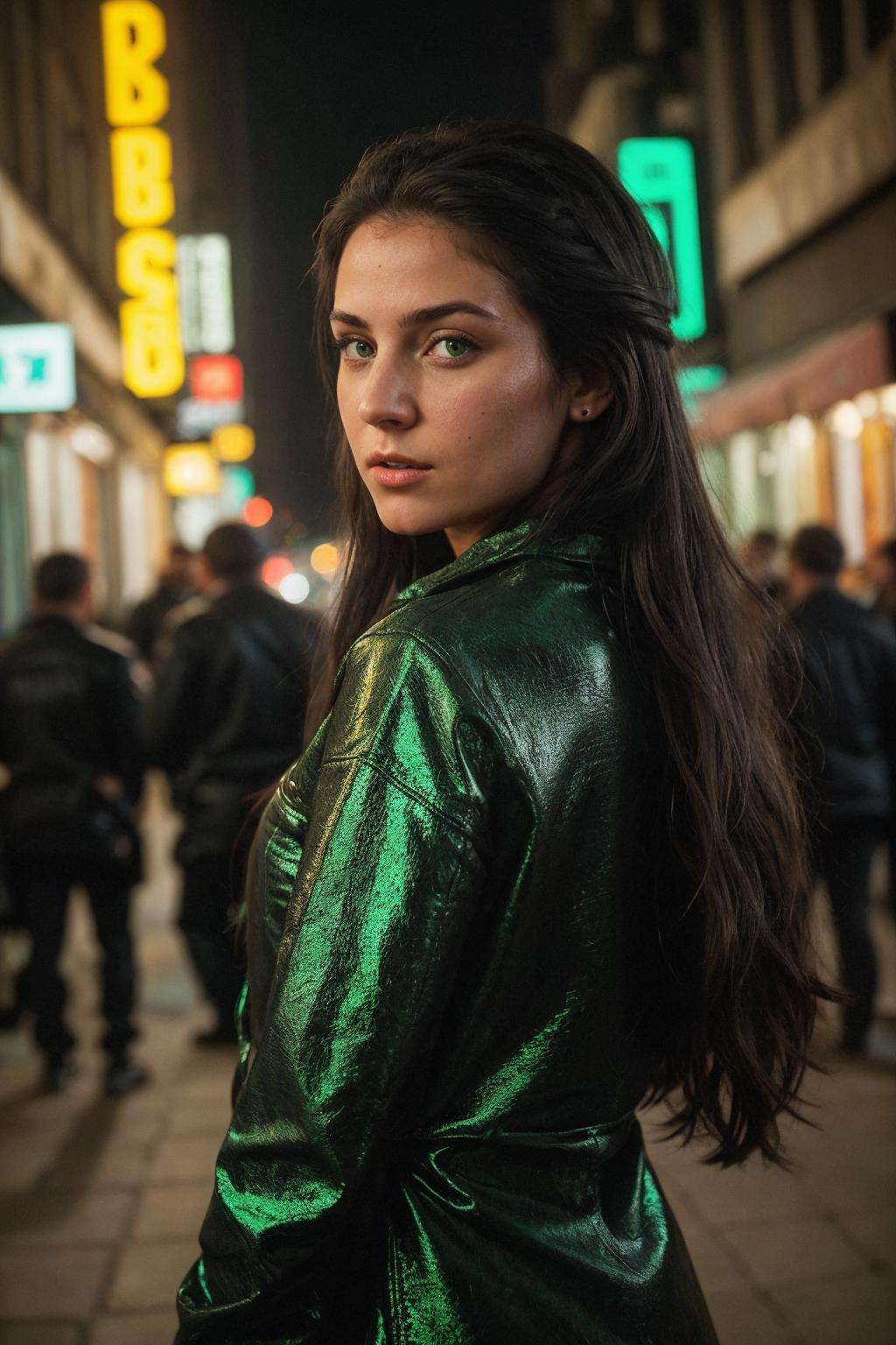 A tenacious female journalist uncovering a high-stakes conspiracy in a bustling metropolis, weaving through crowded streets and dark alleyways, close up, Detailed clothes, green eyes, flowing hair, determined expression, shiny glossy skin, subsurface scattering, (sharp:0.7), [(colorful explosion psychedelic paint colors:1.21)::0.05], amazing fine detail, Nikon D850 film stock photograph Kodak Portra 400 camera f1.6 lens, rich colors, lifelike texture, dramatic lighting, urban environment, skyscrapers, neon signs, street vendors, dynamic composition, unreal engine, trending on ArtStation, cinestill 800 tungsten <lora:epiCRealismHelper:1>