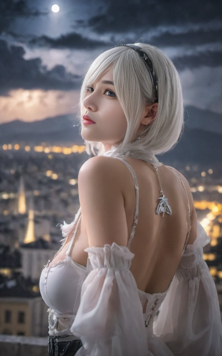 the image quality of sony hd camera photography,(unity 8k wallpaper:1.5),(best quality:1.5),(white hair:1.2),(photorealistic:1.4),(night sky:1.4),(storm:1.3),star (symbol),(high definition details:1.2),garter belt,light,light girl,(a dark environment:1.3),2b white,(sitting:1.1),black gloves,masterpiece,(moonlight penetrates through clouds:1.3),(standing:1.2),(ultra detailed:1.3),(city lights:1.2),(solo:1.2),1girl,(large breasts:1.3),(sky:1.2),(city:1.2),see-through,outdoors,jewelry,<lora:2bwhite-000009:0.6>,