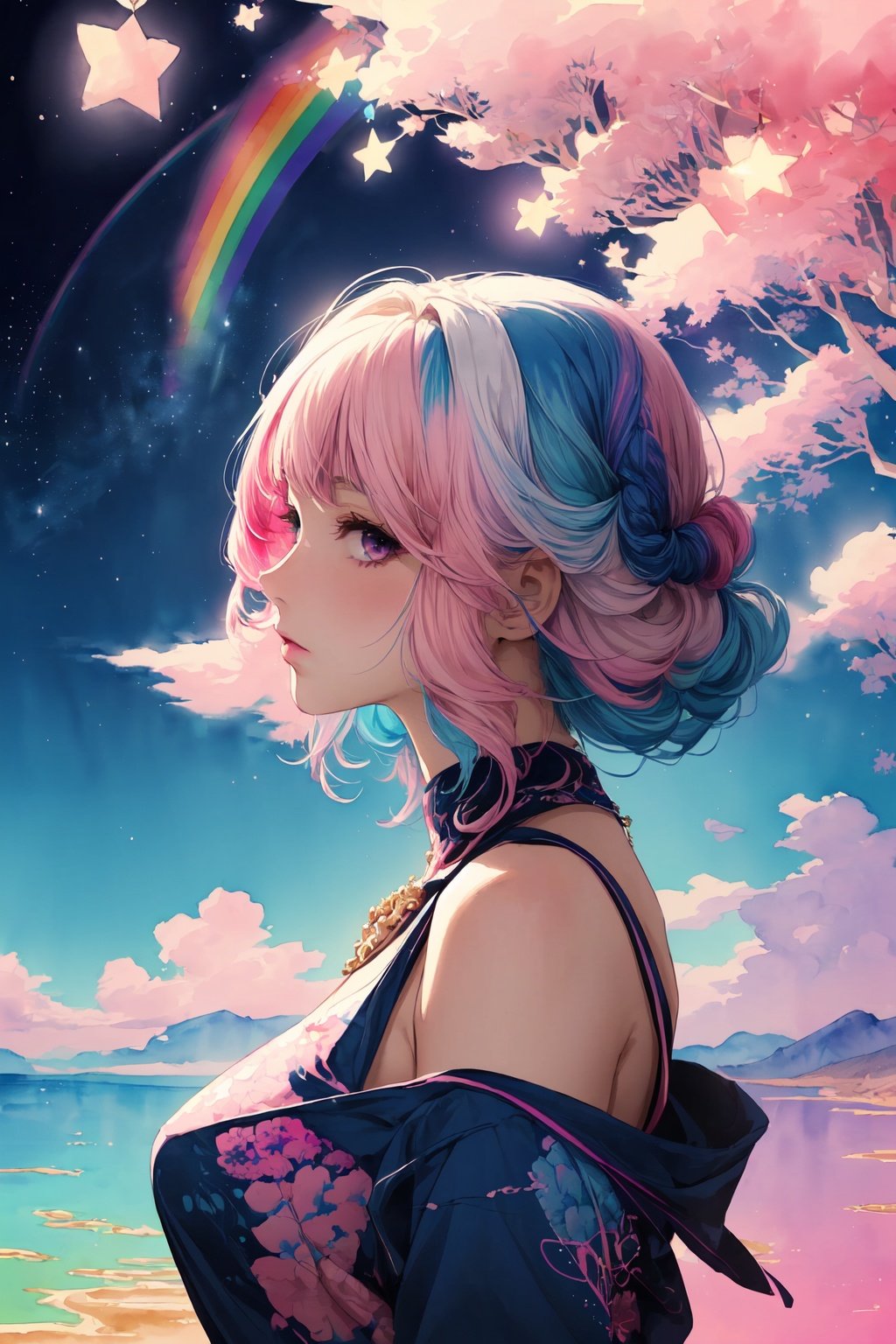 (masterpiece, top quality, best quality,watercolor (medium),official art, beautiful and aesthetic:1.2),(1girl:1.3), (fractal art:1.3),upper body, from side, looking at viewer,patterns,(rainbow color Hair,colorful hair,half blue and half pink hair:1.2),water,liquid, cloud,colorful, starry,stars,