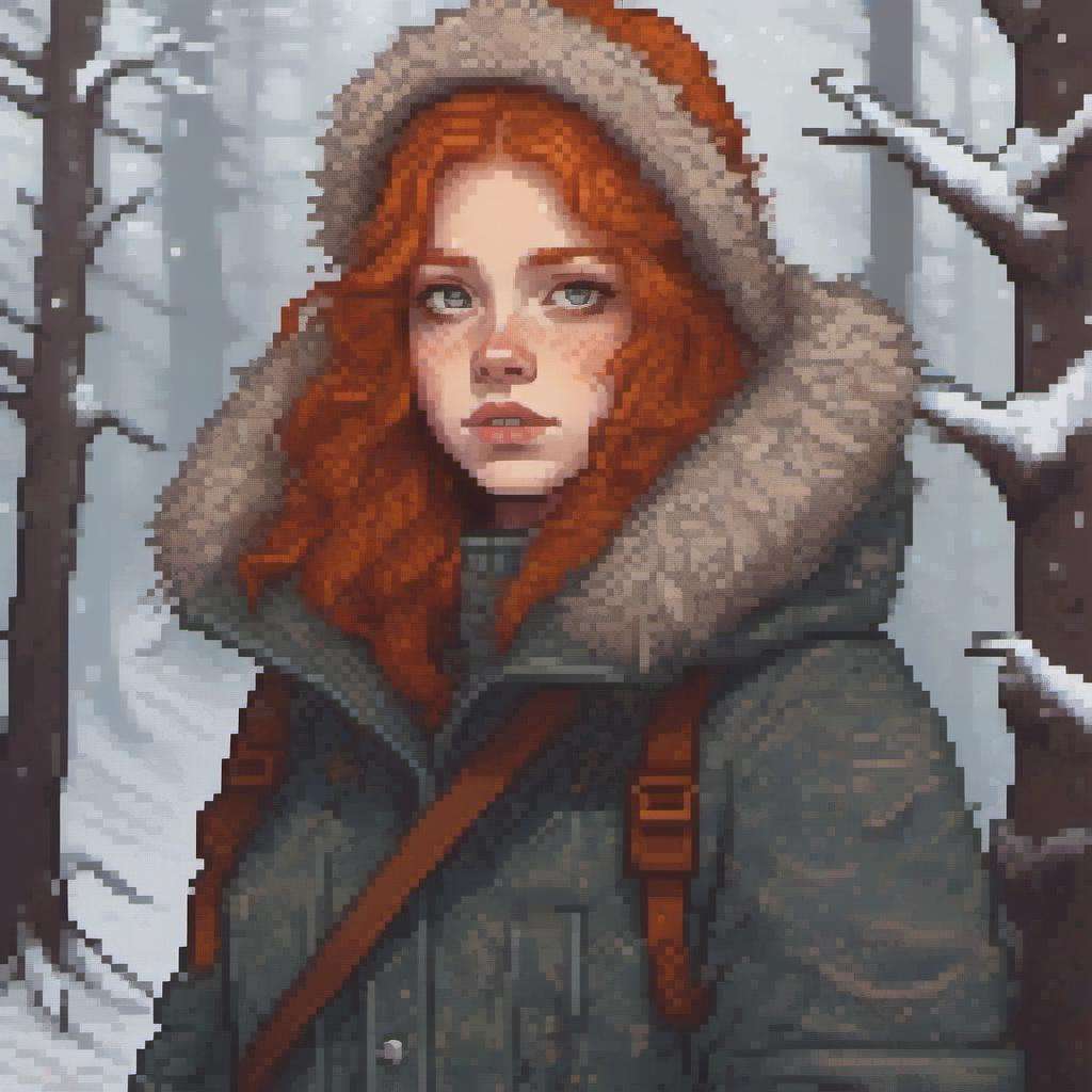 close up of a european girl, ginger hair, winter forest, insane details, intricate details, hyperdetailed, hdr, faded, pixel art <lora:pixelbuildings128-v1:1>