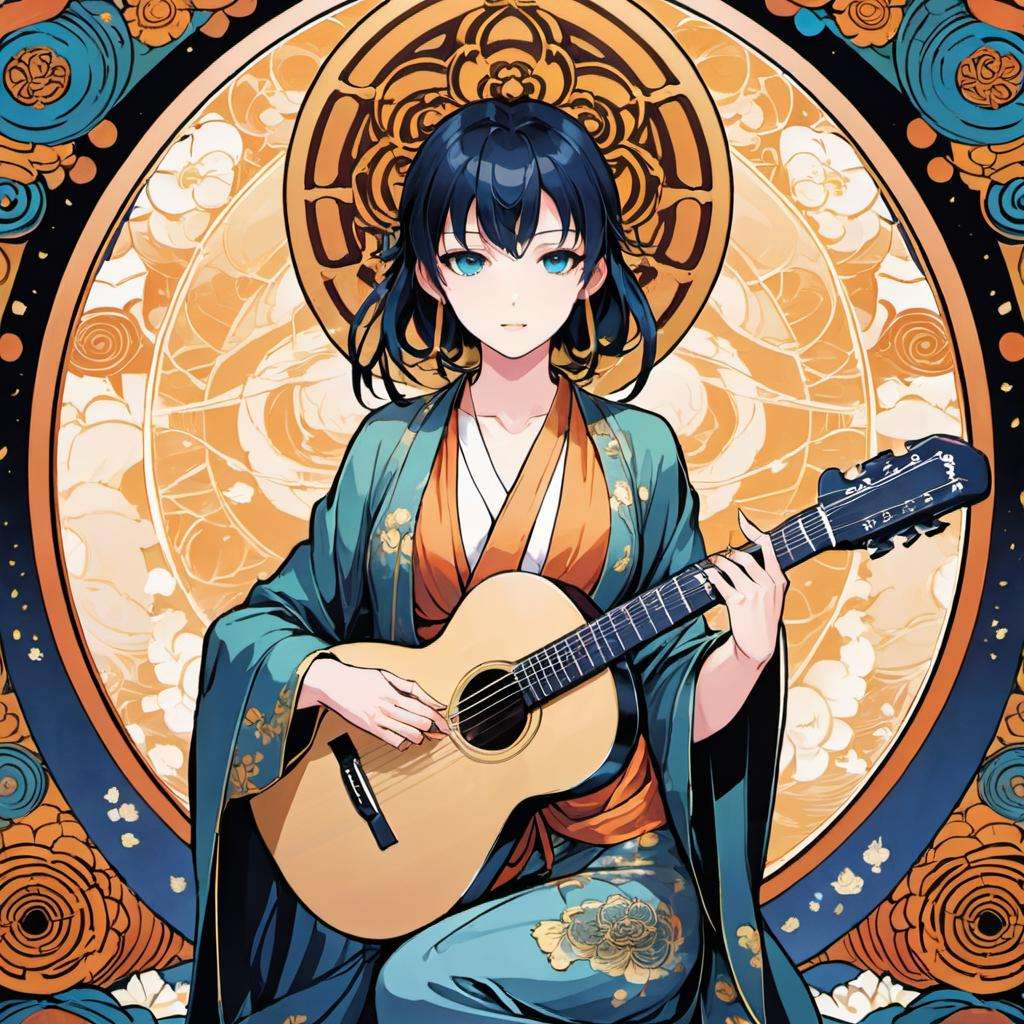 anime, CD jacket design , cd jacket cover , Buddha , guitar , art nouveau , pentagons, beautiful eyes