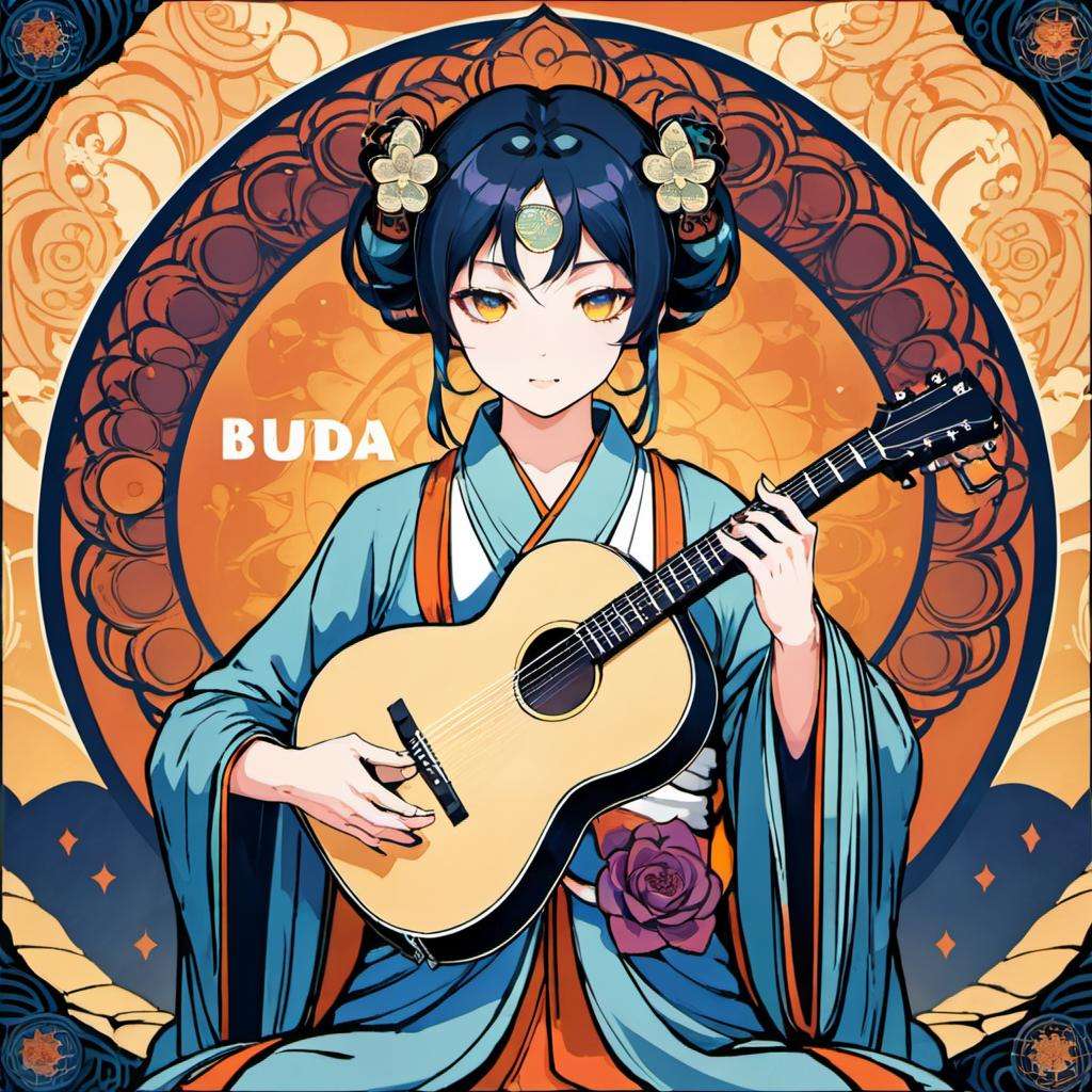 anime, CD jacket design , cd jacket cover , Buddha , guitar , art nouveau , pentagons, beautiful eyes