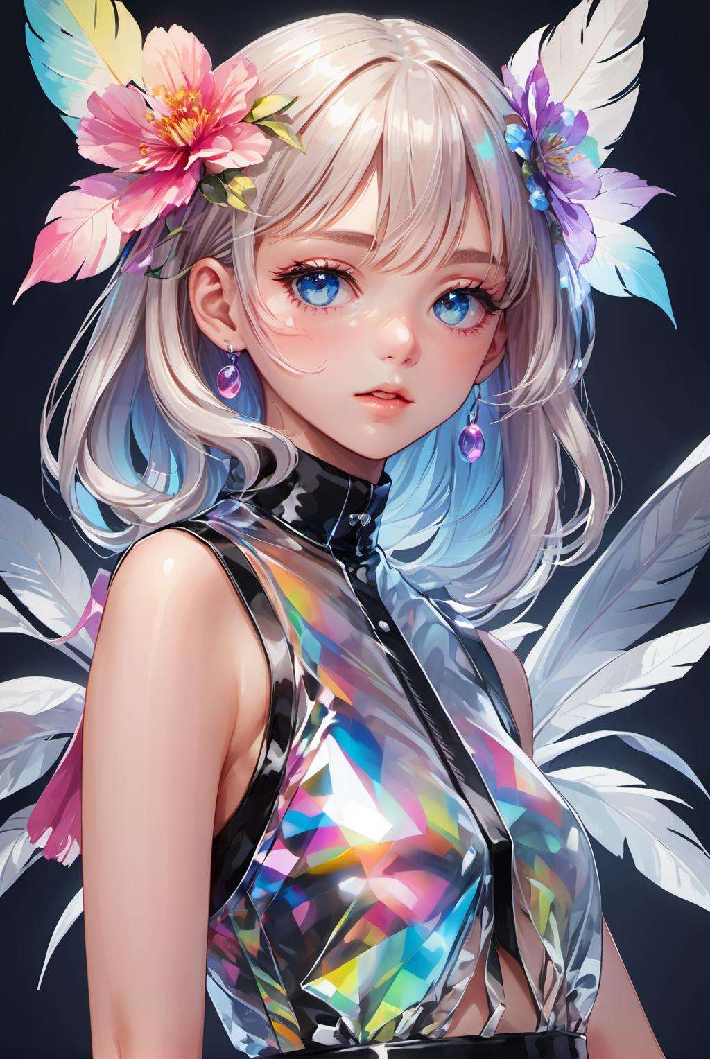 transparent color PVC clothing, transparent color vinyl clothing, prismatic, holographic, chromatic aberration, fashion illustration, masterpiece, girl with harajuku fashion, looking at viewer,beautiful eyes, 8k, ultra detailed, pixiv,upper body, 