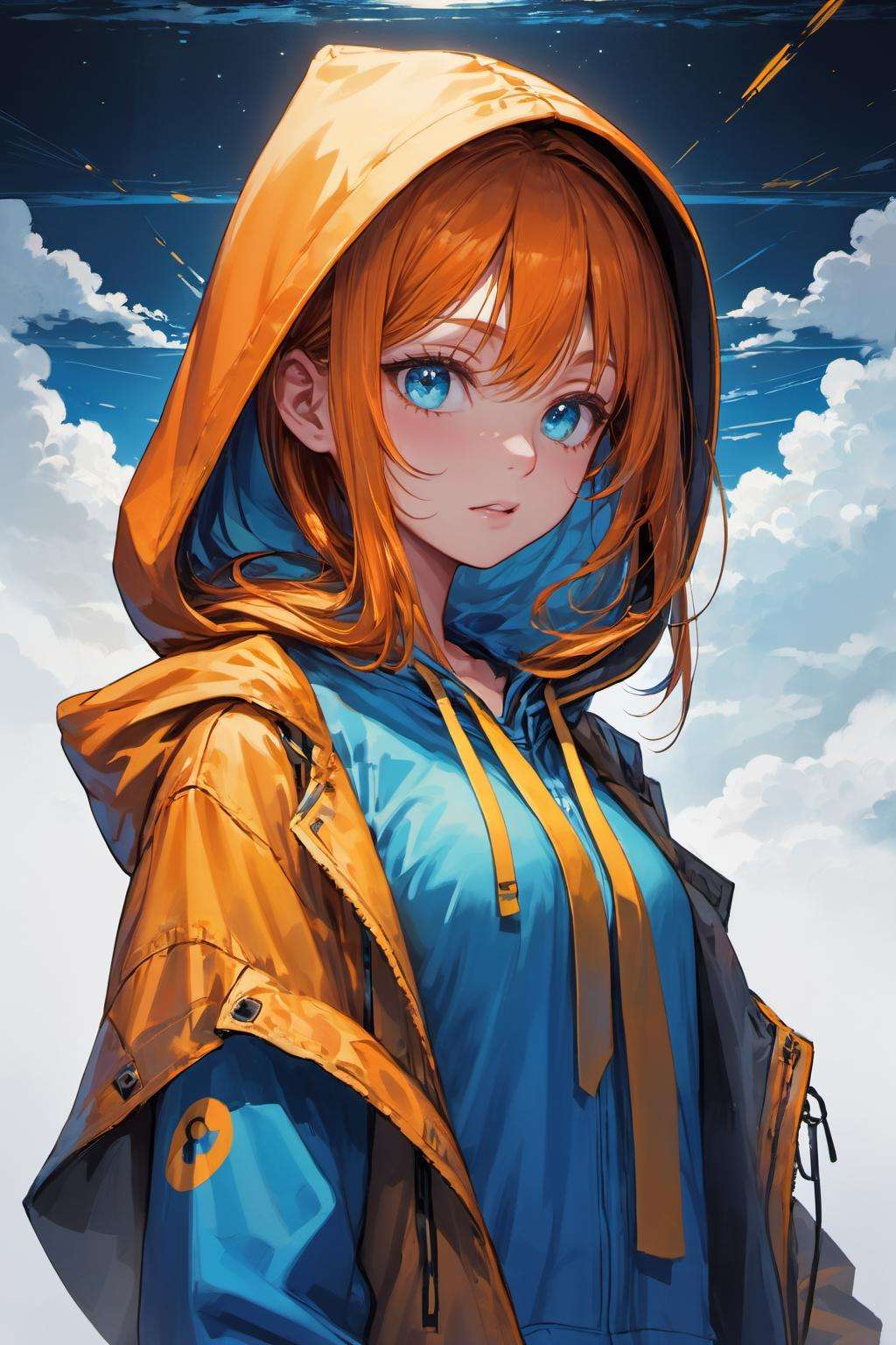 ((((best quality))), (((ultra detailed))), (((masterpiece))), illustration,(1girl:1.5),Perfect composition,Clear face, clear eyes,high res,1girl, solo, very long hair, orange hair, medium breasts, floating hair,shiny skin, aqua eyes, beautiful eyes,upper body, serious,Silly hair,Yellow ribbon,looking to the side, orange hoodie,blue tie,floating tie,hooded jacket, hood up, profile, Colored clouds, shopping mall