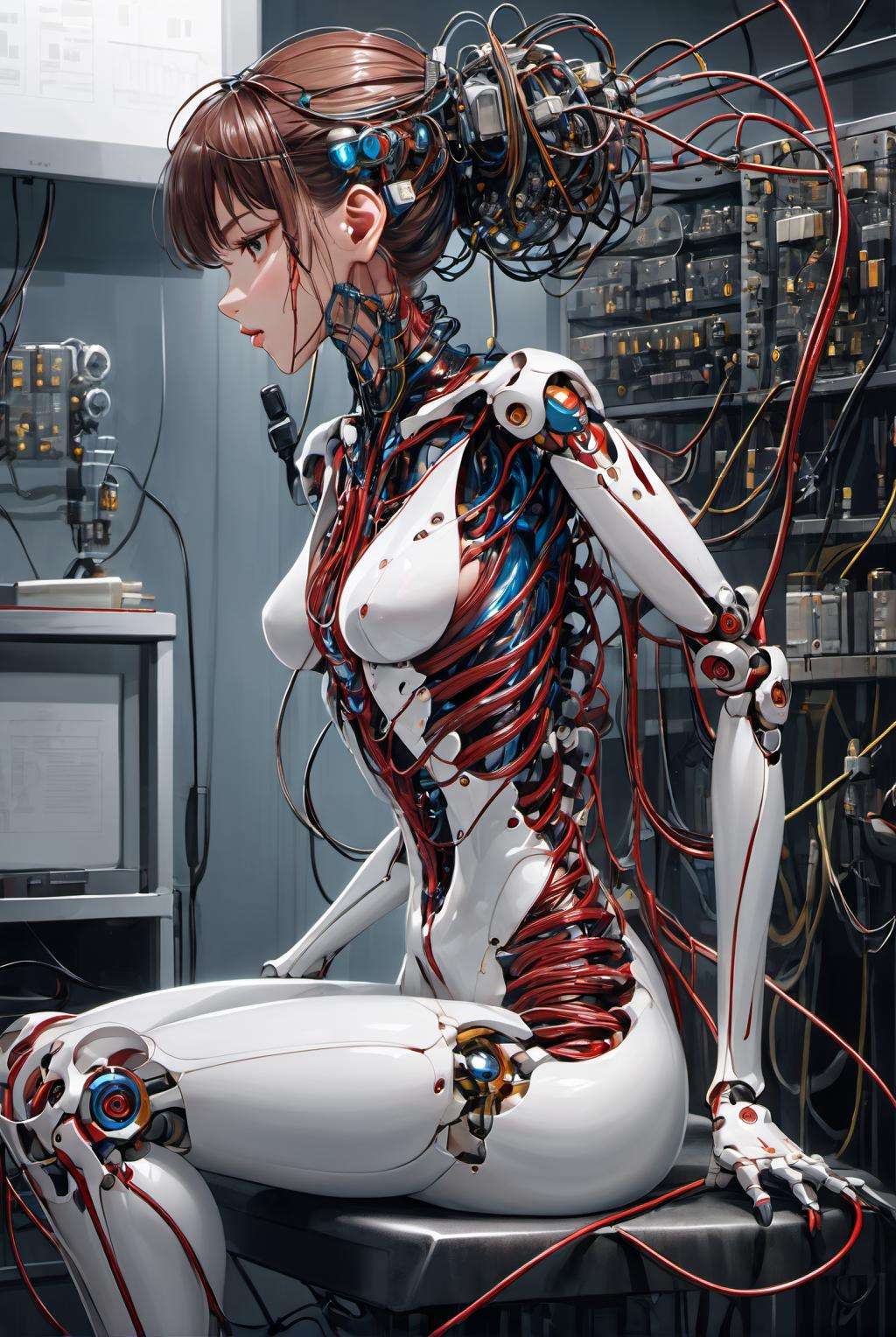 (((masterpiece))), (((best quality))), ((ultra-detailed)), (highly detailed CG illustration), ((an extremely delicate and beautiful)),(from side),cinematic light,((1mechanical girl)),solo,full body,(machine made joints:1.2),((machanical limbs)),(blood vessels connected to tubes),(mechanical vertebra attaching to back),((mechanical cervial attaching to neck)),(sitting),expressionless,(wires and cables attaching to neck:1.2),(wires and cables on head:1.2)(character focus),science fiction,extreme detailed,colorful,highest detailed,