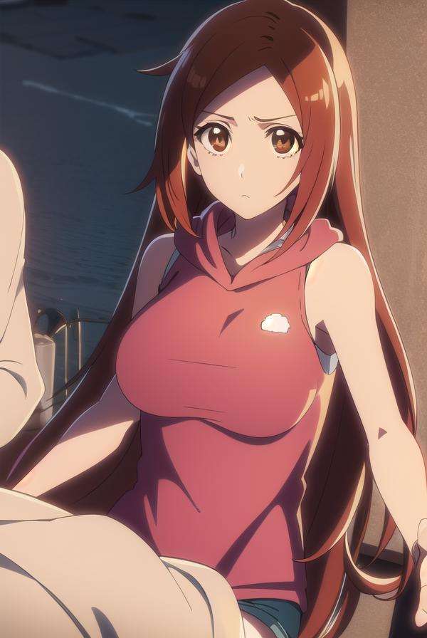 inoueorihime, <lora:inoueorihimeTBWtest:1>,inoue orihime, long hair, orange hair, (brown eyes:1.5),BREAK sthighhighs, shorts, sleeveless, hood, hoodie, pink hoodie,BREAK looking at viewer,BREAK outdoors,BREAK <lora:GoodHands-vanilla:1>, (masterpiece:1.2), best quality, high resolution, unity 8k wallpaper, (illustration:0.8), (beautiful detailed eyes:1.6), extremely detailed face, perfect lighting, extremely detailed CG, (perfect hands, perfect anatomy),