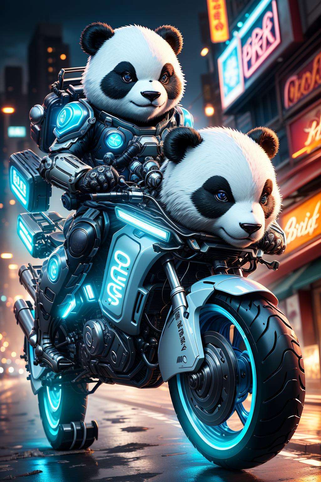 ((masterpiece)), ((best quality)), 8k, high detailed, ultra-detailed, beautiful eye, mecha,animalbot, panda, riding motorcycle,full body, glowing, fluid effects, cinema light, neon, colorful, blue theme, motion blur, <lora:xsmecha:0.5>