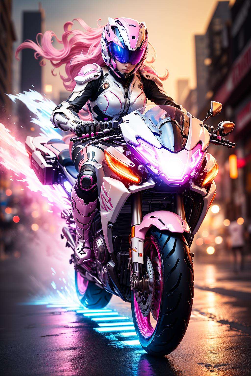 ((masterpiece)), ((best quality)), 8k, high detailed, ultra-detailed,1girl, beautiful eye, mecha,motorcycle, battle pose, full body, glowing, fluid effects, cinema light, neon, colorful, pink theme, motion blur, <lora:xsmecha:0.5>