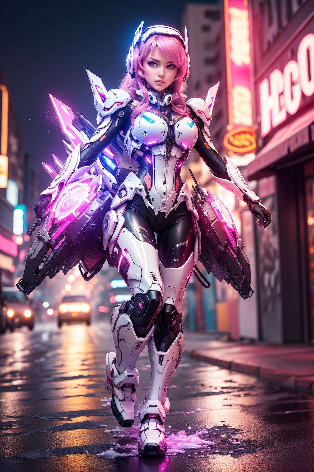 ((masterpiece)), ((best quality)), 8k, high detailed, ultra-detailed,1girl, beautiful eye, mecha,motorcycle, battle pose, full body, glowing, fluid effects, cinema light, neon, colorful, pink theme, motion blur, <lora:xsmecha:0.5>