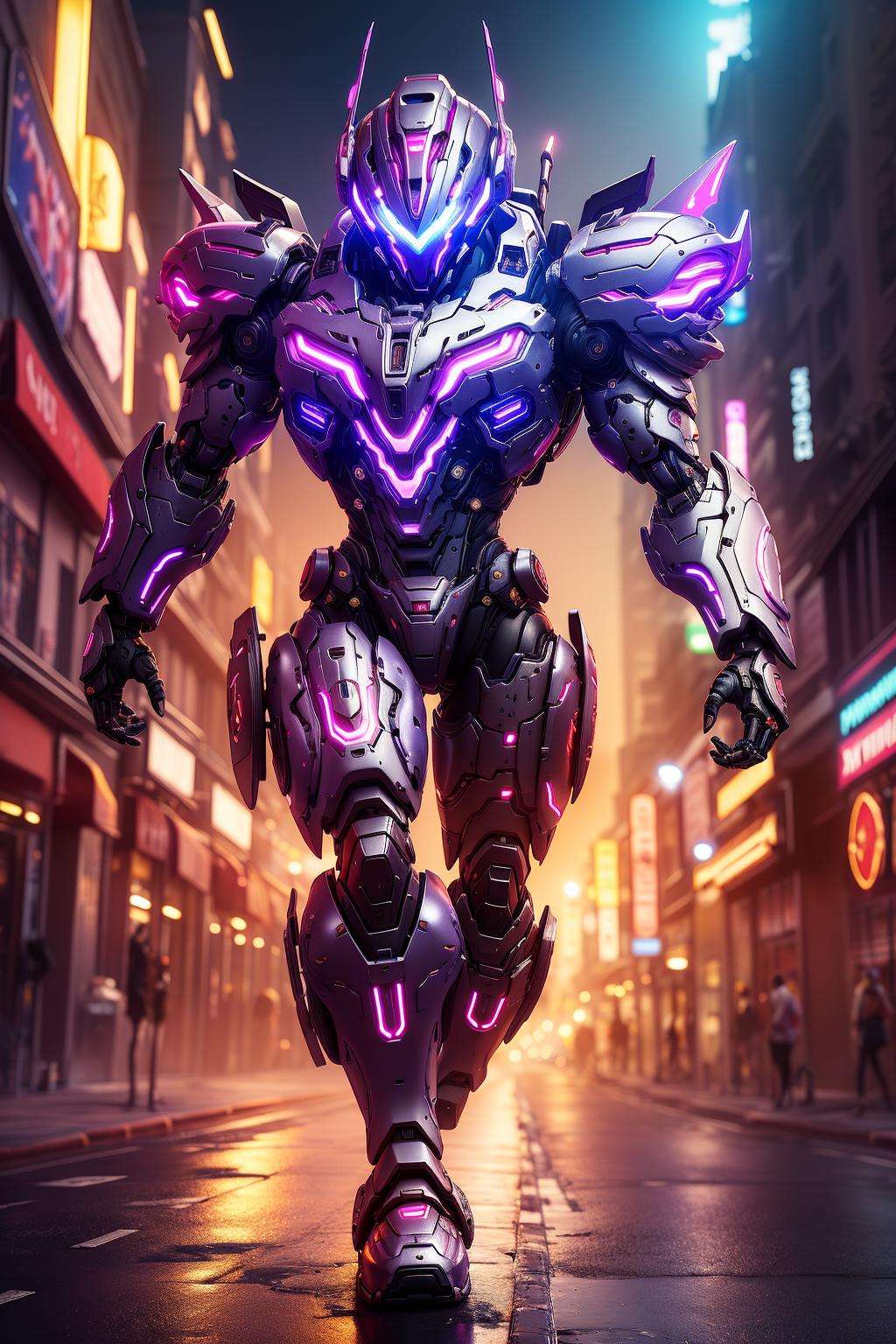 ((masterpiece)), ((best quality)), 8k, high detailed, ultra-detailed, mecha,xsbot,weapon, full body, glowing, fluid effects, cinema light, neon, colorful,purple theme, motion blur, <lora:xsmecha:0.5>